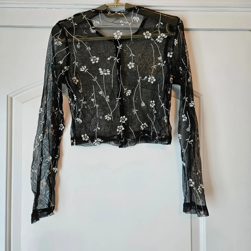 Sheer Black Floral Mesh Cropped Cardigan Top Womens Fairy Grunge Goth‎ Festival